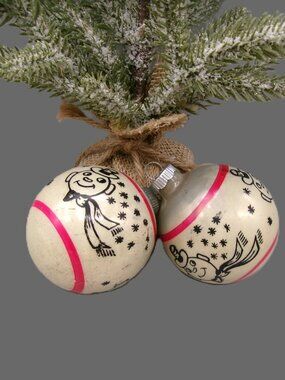 2 Shiny Brite Snowman Frosty Stenciled Ornaments, Mercury Glass Vintage Lot